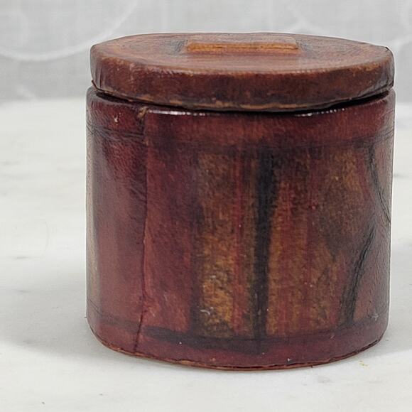 VTG Leather Box Lid 1.75" Brown Red Tooled Cylynder Storage Jar Travel - Picture 10 of 15